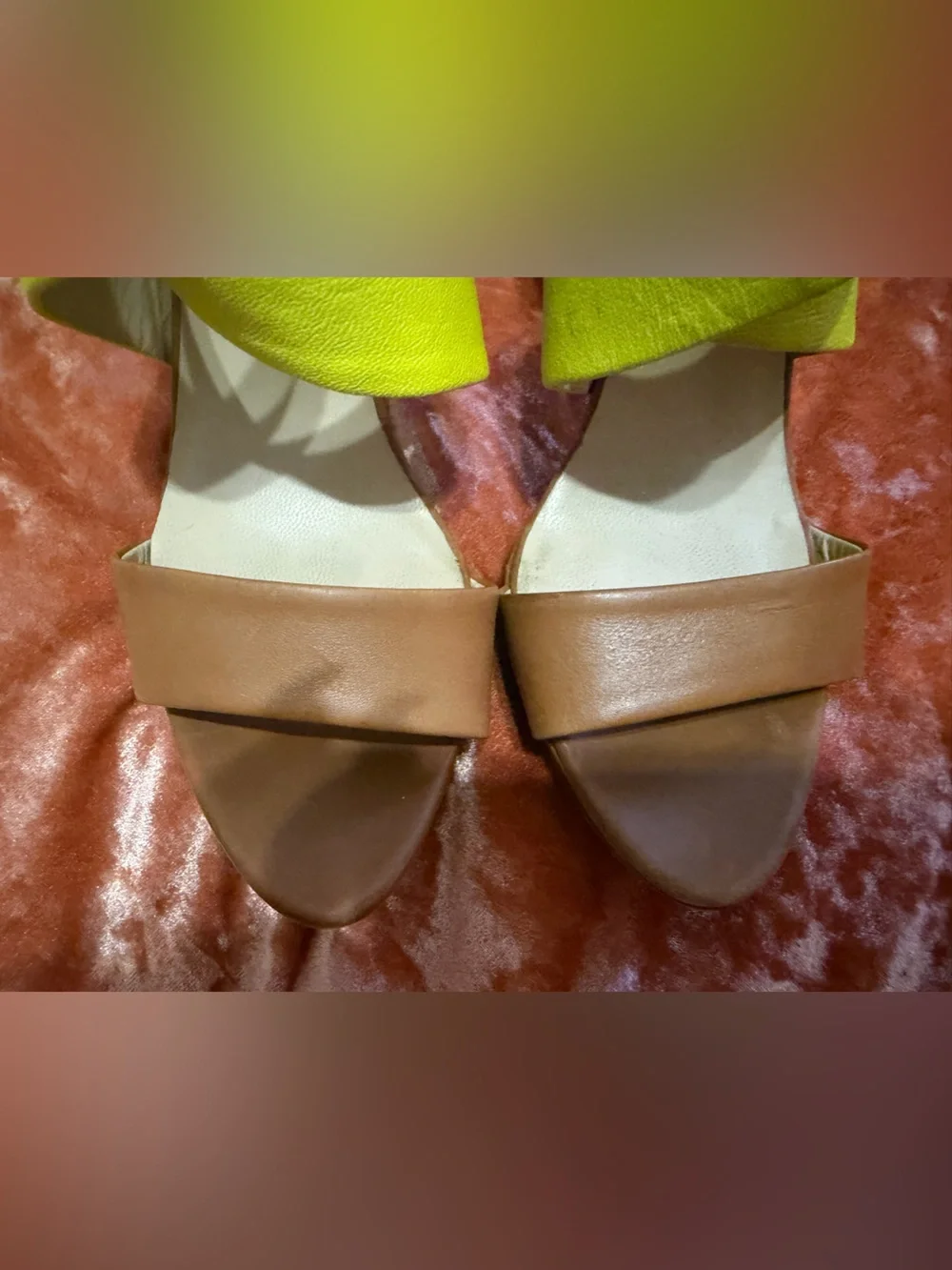Longchamp Le Pliage Cuir Neon Yellow and Brown High Heel Sandals - Size 9.5/ 41